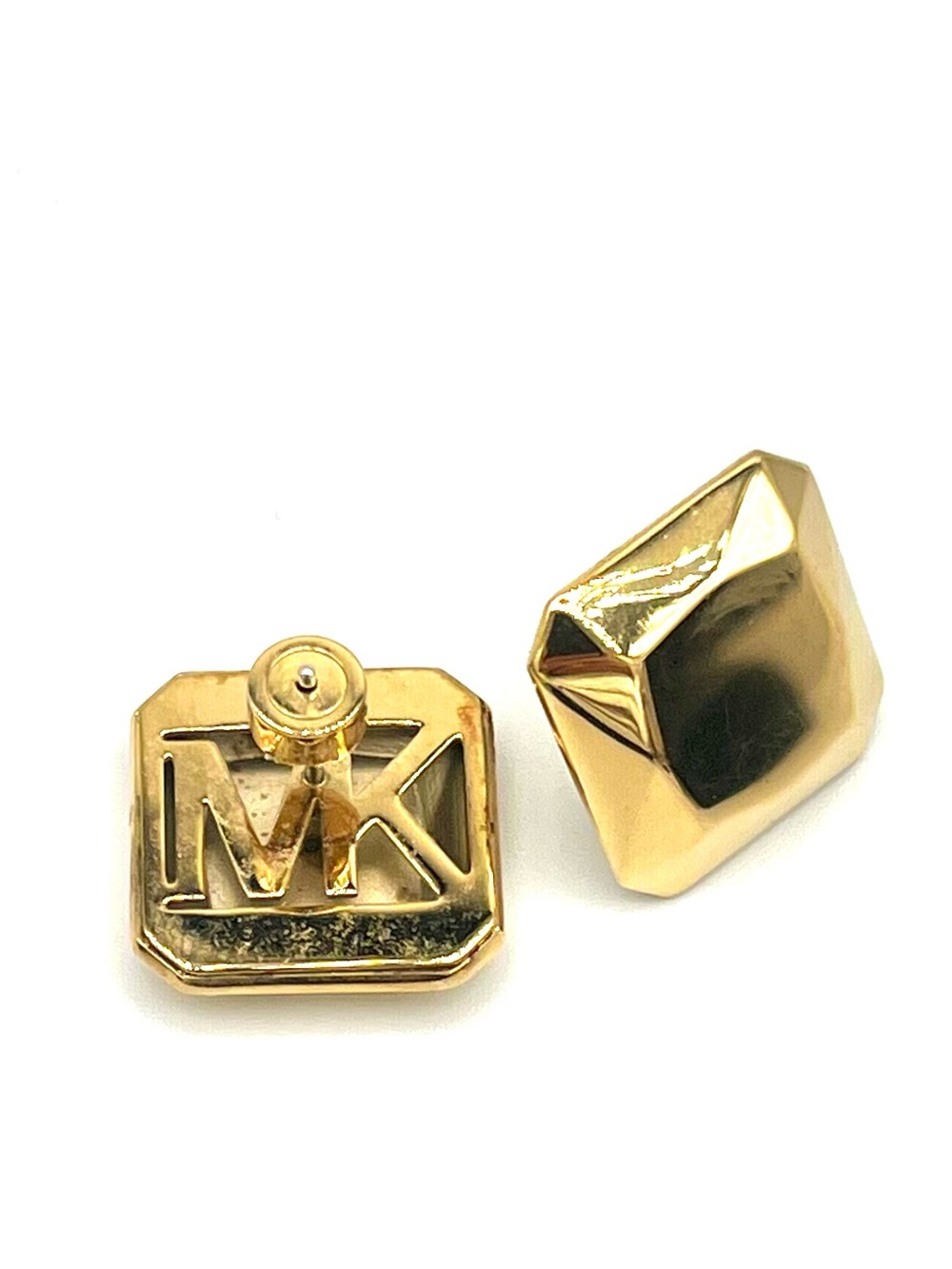 Michael Kors Gold Tone Pyramid Square MK Logo Designer Stud Earrings